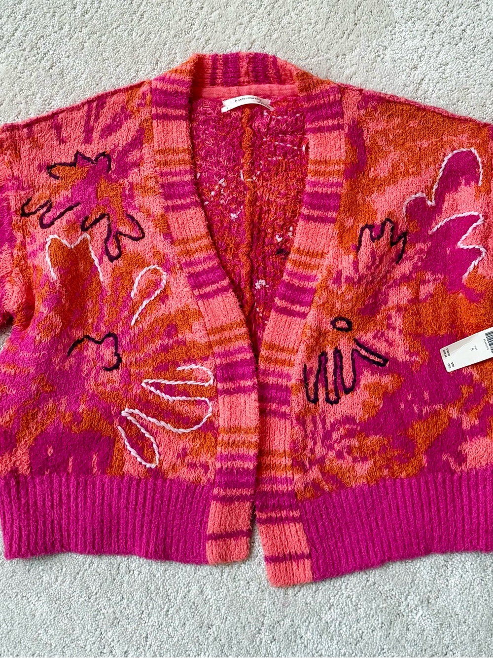 Anthropologie Pink & Orange Floral Embroidered Knit Cardigan